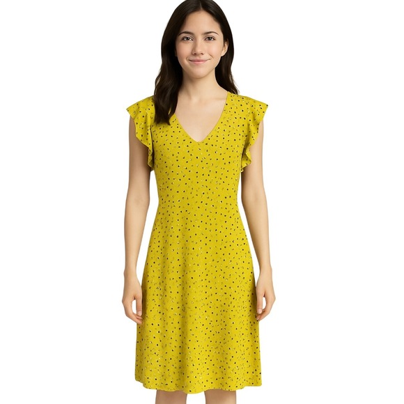 Ann Taylor Dresses & Skirts - Ann Taylor Dress PXXS Yellow Floral A-Line V-Neck Ruffle Sleeve Stretch Chic NEW